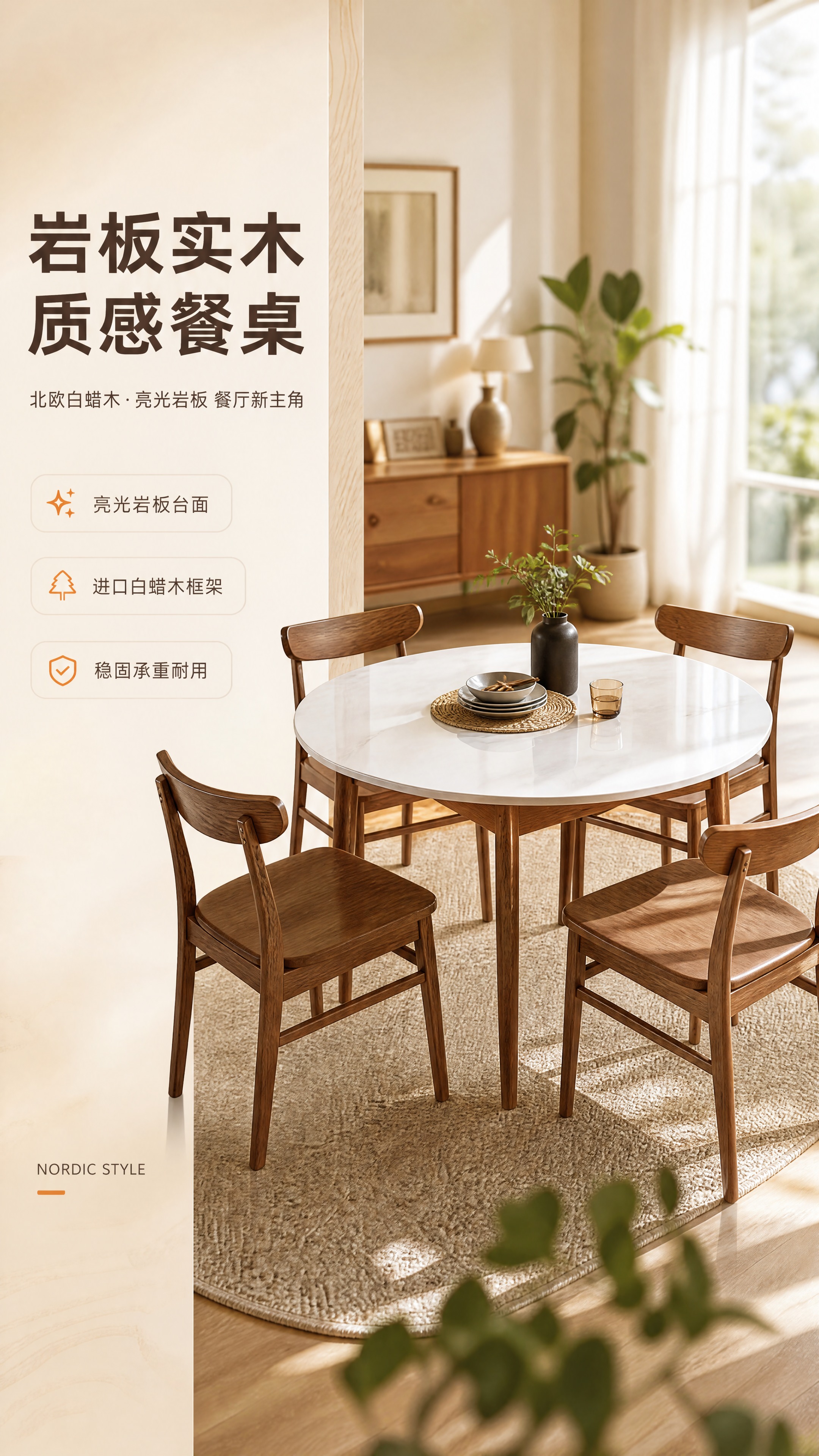 [商品] 使用【图2】圆形白蜡木亮光岩板餐桌+【图1】白蜡木餐… - 图片创意预览