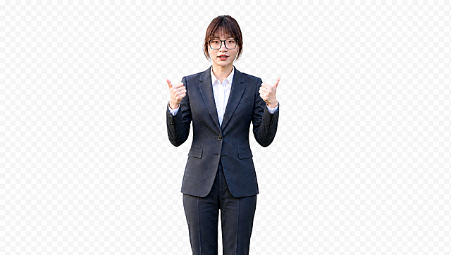 移除女孩胸前的麦克风，删除画面底部的汉字文字，背景保留为透明，保持女孩西装、姿势和其他元素不变