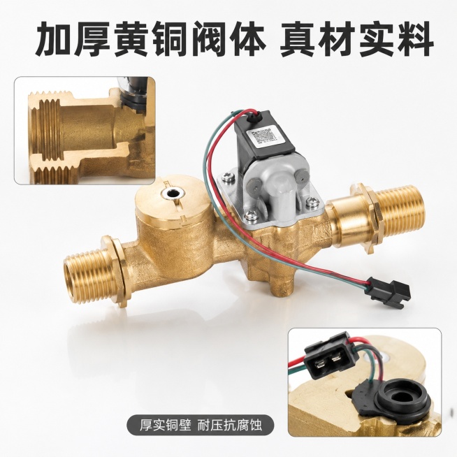 [主图-3] 黄铜电磁阀材质细节特写
[氛围风格] 真实专业，突出材质工艺
[画质] 商业摄影质感、光线柔和通透、产品清晰真实、画面干净高级
[元素] 中心放大展示一体式黄铜电磁阀，主体产品细节清晰可预览效果