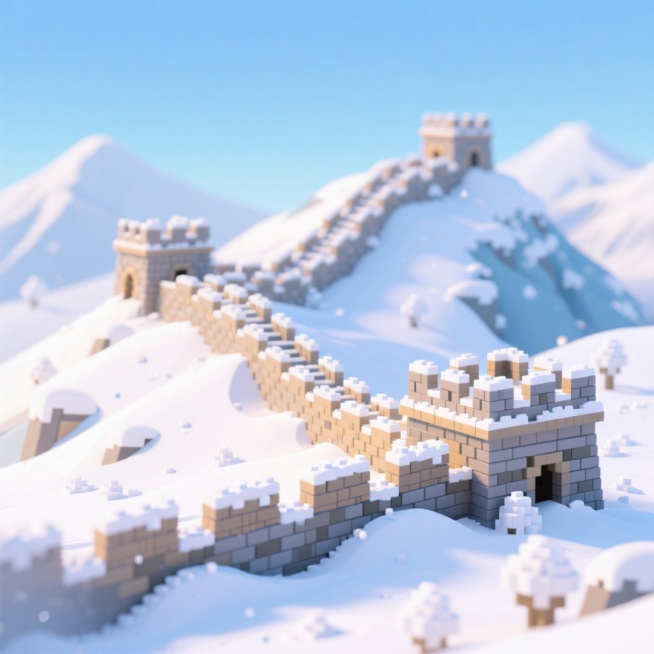 冬季白雪皑皑的长城全景，浅蓝色渐变背景预览效果