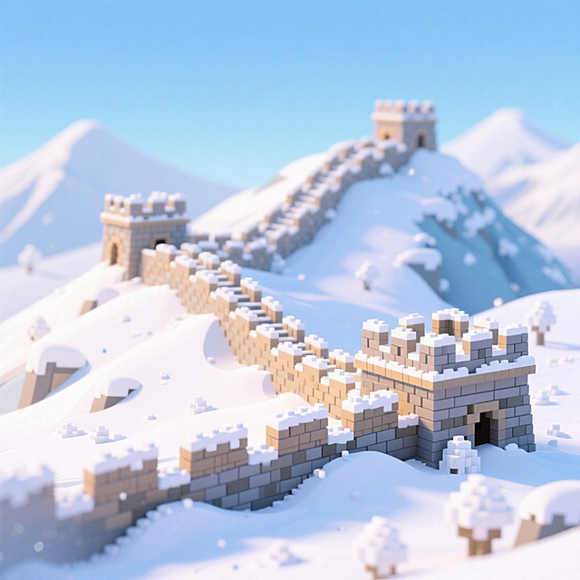 冬季白雪皑皑的长城全景，浅蓝色渐变背景