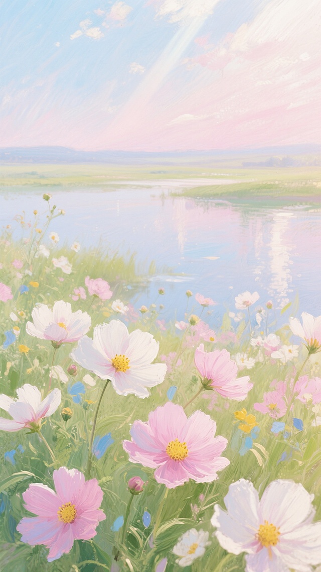一幅印象派风格的花卉风景油画，画面以柔和的粉白色、淡粉色为主色调，点缀着绿色、浅蓝色和黄色的花草，呈现出明亮而梦幻的氛围。前景是大片盛开的粉色和白色花朵，花瓣边缘有细腻的笔触和渐变色彩，花蕊呈黄色，显得娇嫩而饱满。中景是一片朦胧的水域，水面反射着天空的颜色，远处的地平线模糊不清，营造出深远的空间感。背景是浅蓝色和淡粉色渐变的天空，带有淡淡的云彩和光线效果，整体光影柔和，光线从画面上方洒落，给花朵和草地带来温暖的高光。笔触厚重而富有质感，色彩交融自然，形成丰富的色彩层次和纹理，整体构图饱满，以花为背景，突出花卉的繁盛与美丽，营造出宁静、浪漫而充满生机的春日景象。