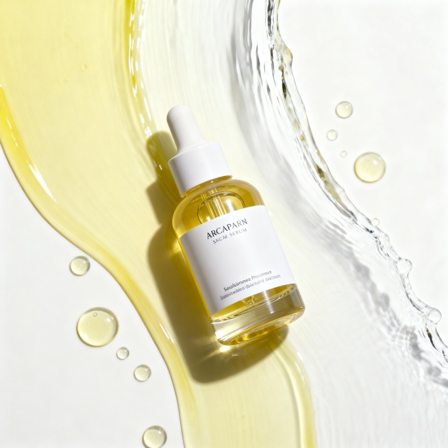 商业摄影风格，产品居中，俯拍特写，微距拍摄，主体略微倾斜，浅黄和白色渐变色调，背景为浅色系精华流体，流体像瀑布一样从左上角到右下角形成一条优美曲线，周围点缀着精华液凝珠，高清晰度，光线柔和，质感细腻预览效果