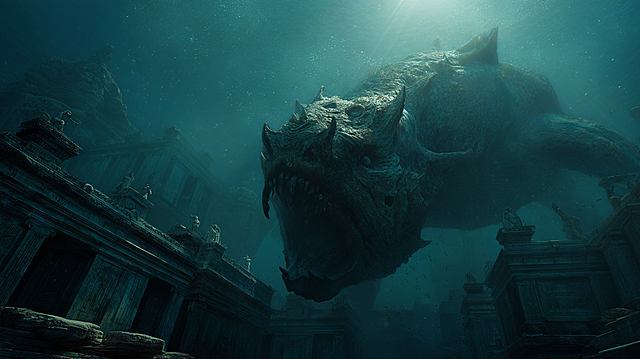 Myth theme, giant deep sea mythical beast, submerged ancient ruins in the background, huge size almost filling the entire frame, heavy sense of oppression, macrophobia, dark deep sea environment, dramatic lighting, super realistic details