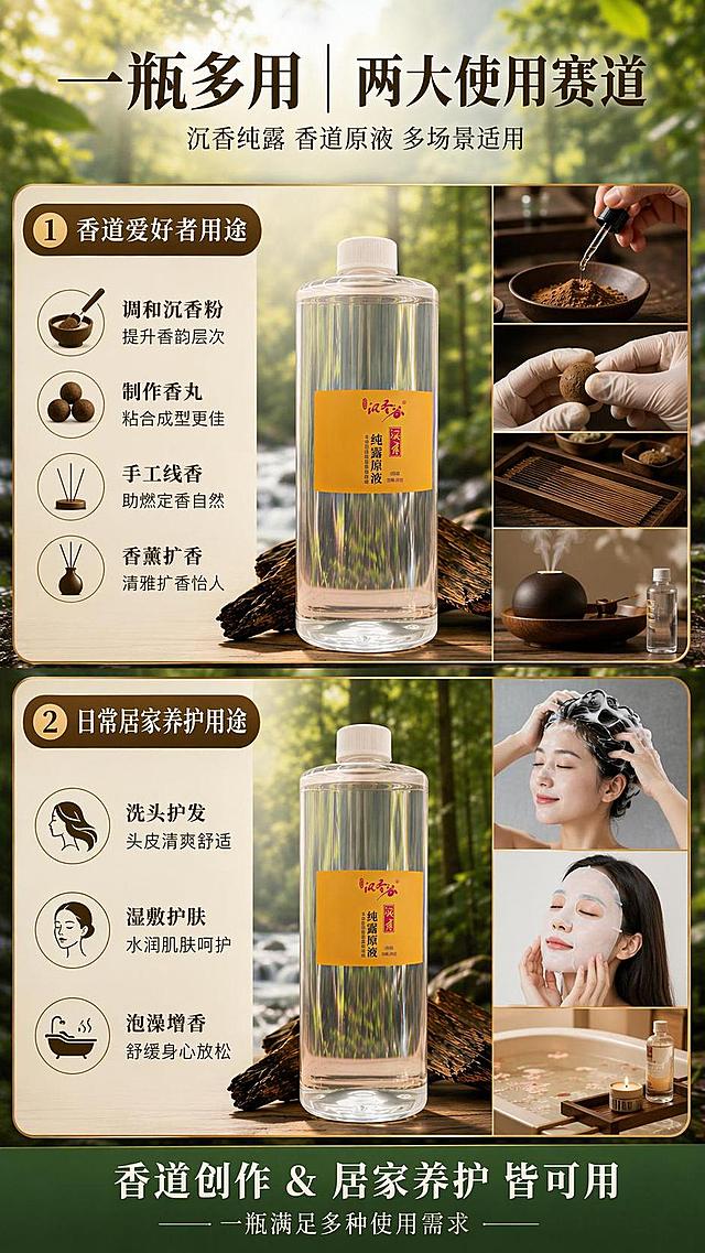 [第4屏] 拼多多详情页多用途展示屏，一瓶多用兼顾香道和日常养护两类客户。本屏使用【图1】作为产品主体。
[氛围/风格] 场景化展示，清晰分栏，自然舒适风格，保持统一背景和色调。
[元素布局] 整体上下分两大板块，上板块①香道爱好者用途：展示调和沉香粉、制作香丸等场景搭配产品局部；下板块②日常居家养护用途：展示洗头护发、湿敷护肤等场景示意图；两类需求分开排版，清晰不混淆，产品主体居中露出。
[光影质感] 各分区光影均匀柔和，场景真实自然，主体产品突出。
[配色色系] 背景统一沉香森林溪流绿色调，两个板块用浅棕色细线分割，文字标题深色加粗。
[视角构图] 纵向分屏排版，手机上下滑动逐板块阅读，动线清晰。
[文字版式] 顶部大标题「一瓶多用｜两大使用赛道」，①板块小标题「香道爱好者用途」，列点：调和沉香粉、制作香丸、手工线香、香薰扩香；②板块小标题「日常居家养护用途」，列点：洗头护发、湿敷护肤、泡澡增香；重点标题放大加粗，文字清晰。
[比例分辨率] 9:16 竖版比例，4K高清分辨率。
[负向提示词] 排版混乱，文字过小，产品变形，场景混淆，违规功效词。
