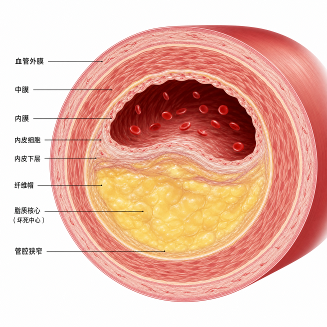 医学插画，展示一段血管横截面，血管内壁有大量黄色粥样斑块堆积，血管结构清晰，专业医学示意图风格预览效果
