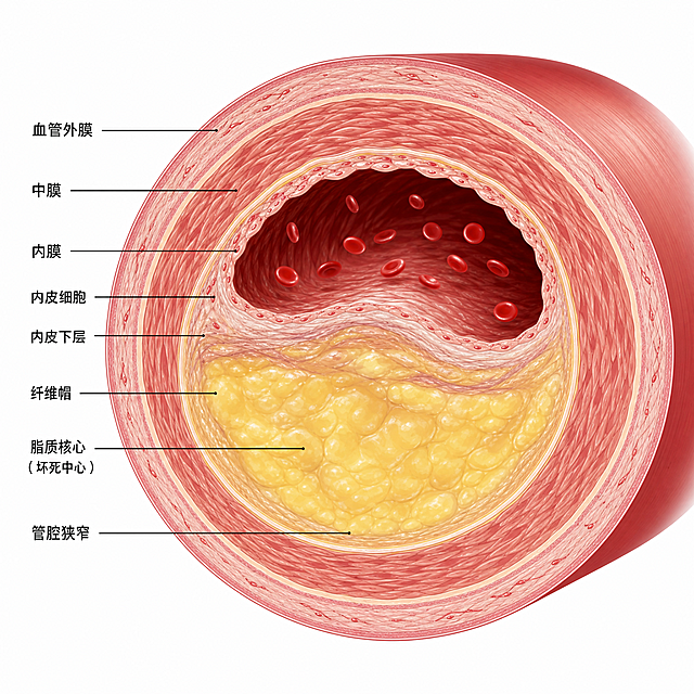 医学插画，展示一段血管横截面，血管内壁有大量黄色粥样斑块堆积，血管结构清晰，专业医学示意图风格
