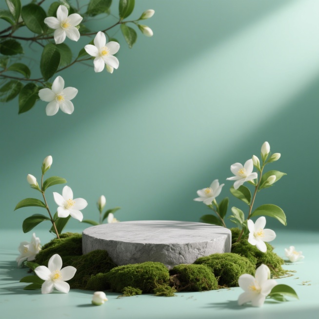 3D渲染风格展示场景，画面中心是带有自然石质纹理的灰色圆形展台，展台周围覆盖鲜绿色苔藓，苔藓上点缀着白色茉莉花，有的完全绽放露出黄色花蕊，有的含苞待放。整体为夏日主题配色，清爽薄荷绿背景，搭配白色茉莉预览效果