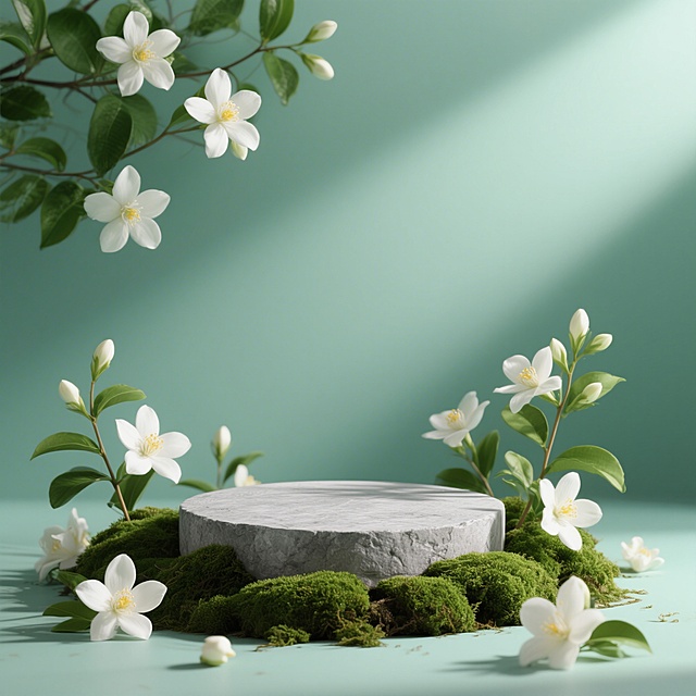 3D渲染风格展示场景，画面中心是带有自然石质纹理的灰色圆形展台，展台周围覆盖鲜绿色苔藓，苔藓上点缀着白色茉莉花，有的完全绽放露出黄色花蕊，有的含苞待放。整体为夏日主题配色，清爽薄荷绿背景，搭配白色茉莉花和绿色枝叶，营造清新自然、宁静舒适的夏日氛围。光线柔和，从上方均匀照射，在展台和植物上形成淡淡阴影，增强立体感和层次感。构图上展台位于画面正中央，周围茉莉花和枝叶自然分布，前景有几朵盛开的茉莉花点缀，背景简洁干净，突出展台主体地位