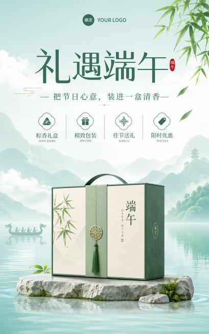 端午节粽子礼盒营销宣传海报新中式水墨风竖版海报预览效果