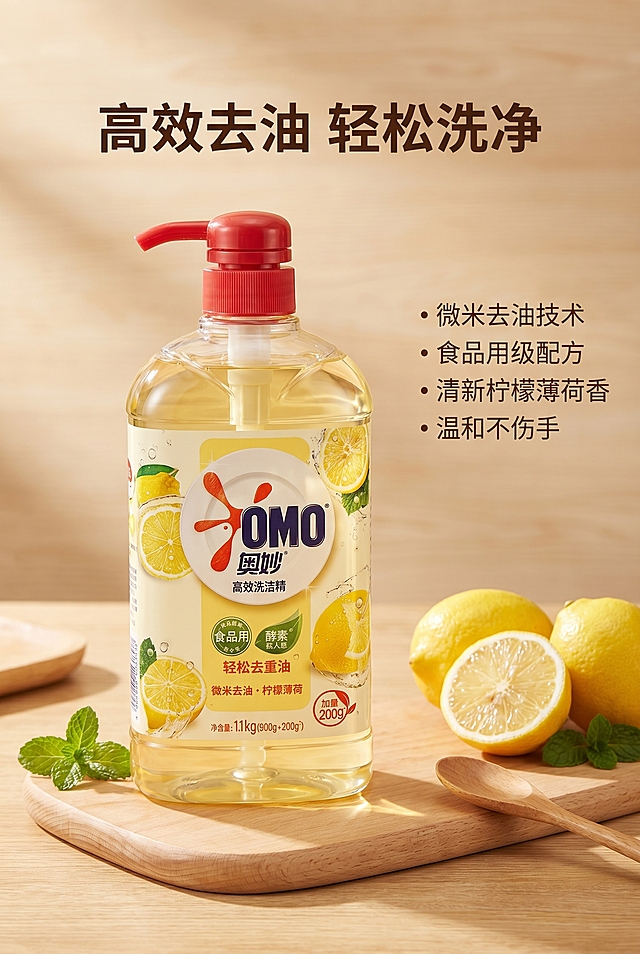 严格还原奥妙洗洁精产品图，包括包装设计、颜色、LOGO位置、文字内容、图案元素等所有细节，产品外观必须与参考图完全一致，保持产品的真实材质质感：瓶身高光透明光滑塑料、红色按压泵头哑光硬质塑料、瓶身标签纸质光滑质感。1:1复刻参考图详情页设计风格、排版结构、原木暖黄温馨色调、静物摆拍构图、自然场景光影，画面比例为2:3竖屏。画面顶部为浅色底加粗小标题 + 侧边竖排卖点文案；画面中部为奥妙洗洁精产品高清静物摆拍场景，产品放置于浅原木纹理砧板桌面，搭配木质勺子、新鲜柠檬、薄荷叶清新道具，柔和侧方自然暖光，产品主体突出精致精修；背景为干净浅木色桌面肌理，整体暖橙温馨家居场景色调，上中下规整排版，画面充足留白，字体圆润精致，商业产品静物精修质感，无多余杂乱背景元素。负面提示：产品外观改色变形、品牌元素丢失，材质质感失真，道具元素错乱，排版结构偏移，色调偏离原木暖黄色系，背景杂乱，画面无留白拥挤，出现水印噪点杂物，光影过曝死黑，非真实静物拍摄质感，卡通渲染画风，画质模糊粗糙。