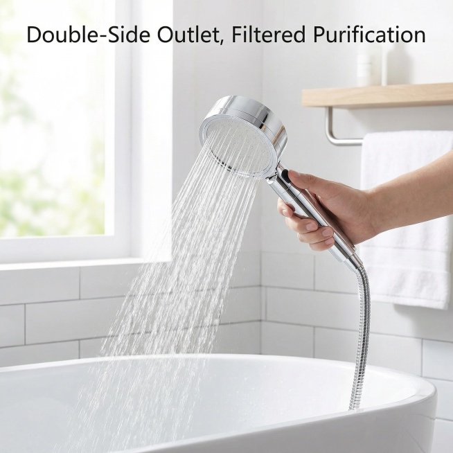 Lifestyle scene image for a double-sided filtered handheld showerhead. Keep the product appearance 1预览效果