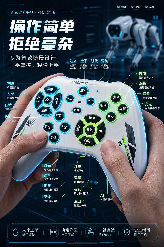 真实手部模型握持智能机器狗的多功能手柄特写，各个按键带有发光效果并详细标注功能名称，强调操作简单拒绝复杂，设计风格为机甲赛博智教风格，以低饱和深蓝#1A222E为底色，点缀电弧荧光蓝#00E5FF与智能力量绿#39FF14，2K高清画质，比例2:3竖屏