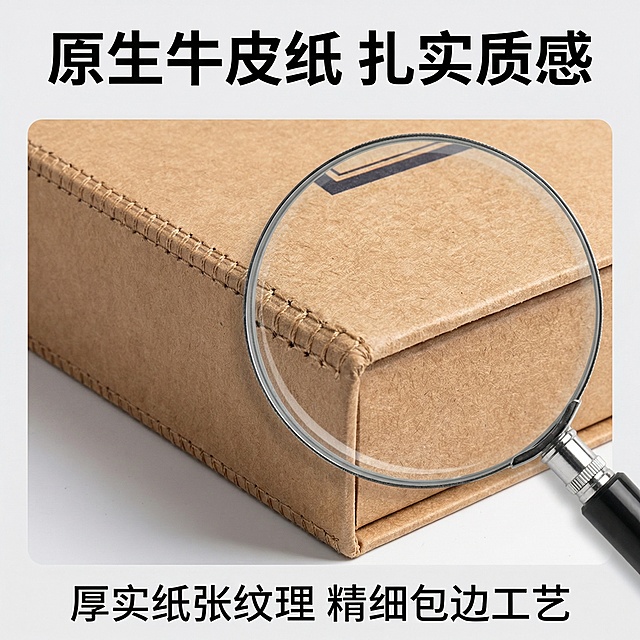 [主图3] 牛皮纸档案盒材质细节图，浅灰色干净背景，微距放大展示牛皮纸的厚实纸张纹理和包边工艺，放大镜效果突出材质密度。文案“原生牛皮纸 扎实质感”，顶部大标题，底部标注细节说明文字，保持和整套主图风格统一，遵循通用构图规范。