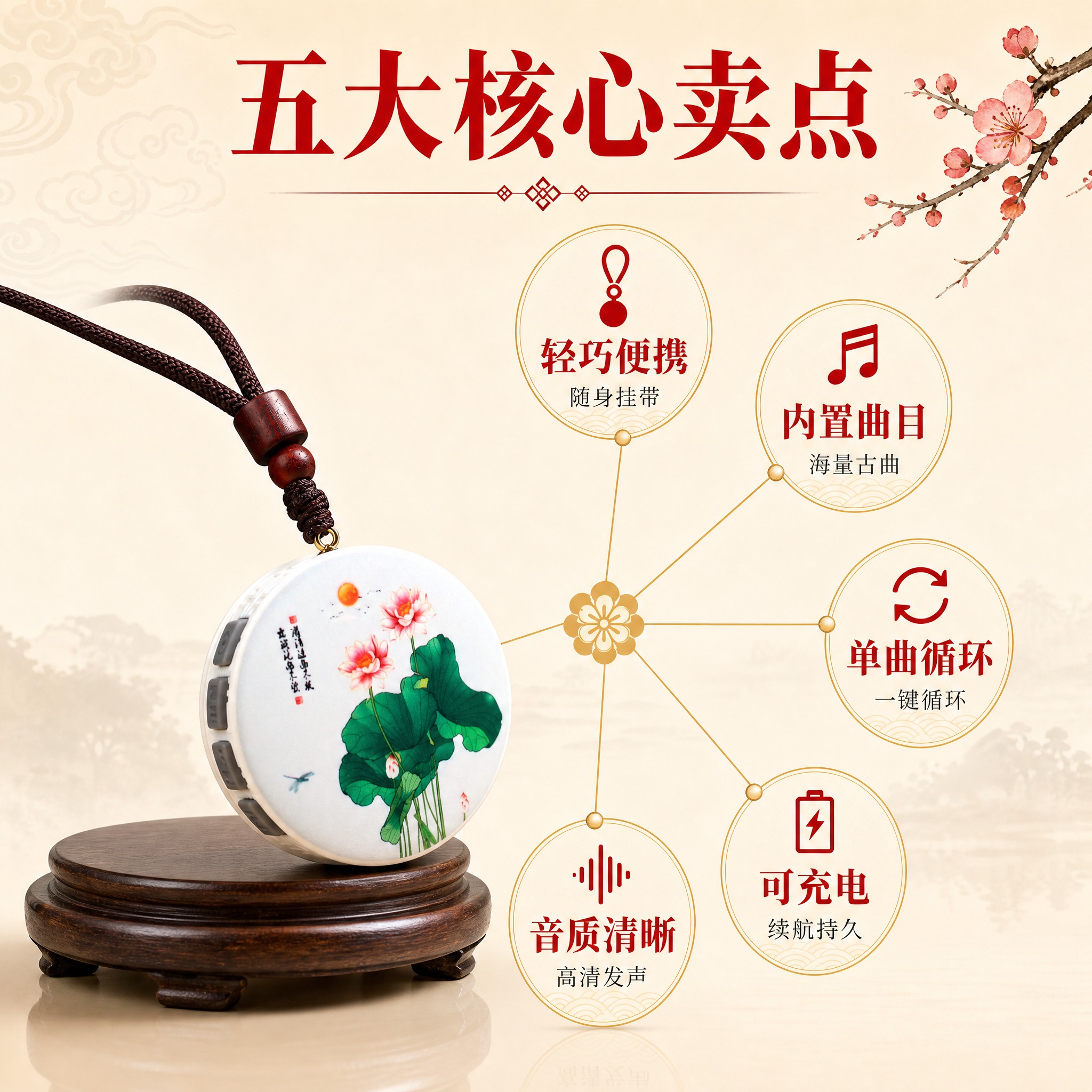 [单张主图] 荷花图案挂脖式便携音箱（随身播放器），爆款促销感… - 图片创意预览