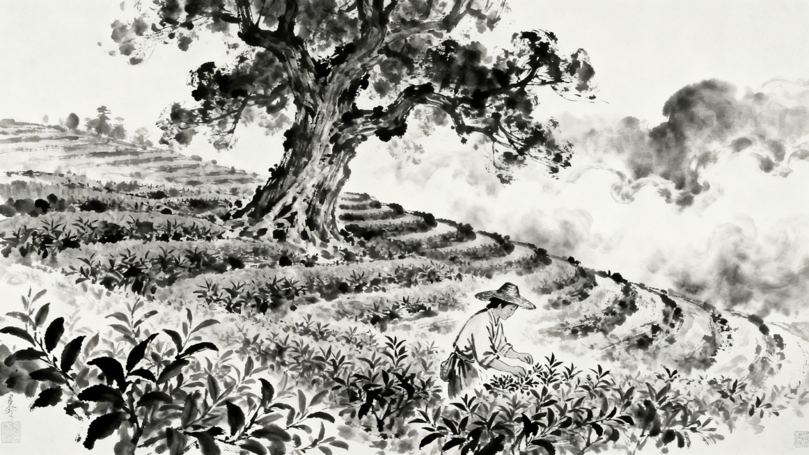 生成含采茶人与古树的水墨茶山图横构图预览效果