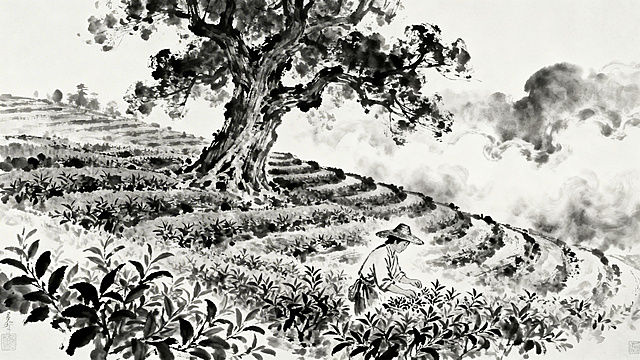 生成含采茶人与古树的水墨茶山图横构图