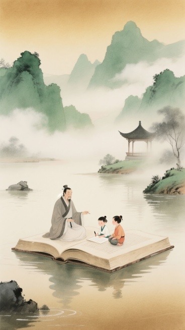 水墨风，暖黄渐变底色（浅米色到金棕色过渡），一个巨大的展开放在河上的书本，一个古代教师和两个孩子坐在上面，讲学。背景青绿山水，点缀古亭，云雾预览效果