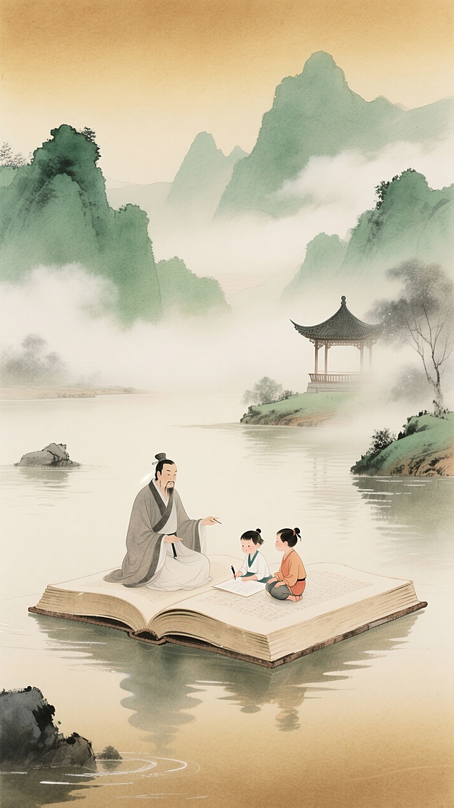 水墨风，暖黄渐变底色（浅米色到金棕色过渡），一个巨大的展开放在河上的书本，一个古代教师和两个孩子坐在上面，讲学。背景青绿山水，点缀古亭，云雾