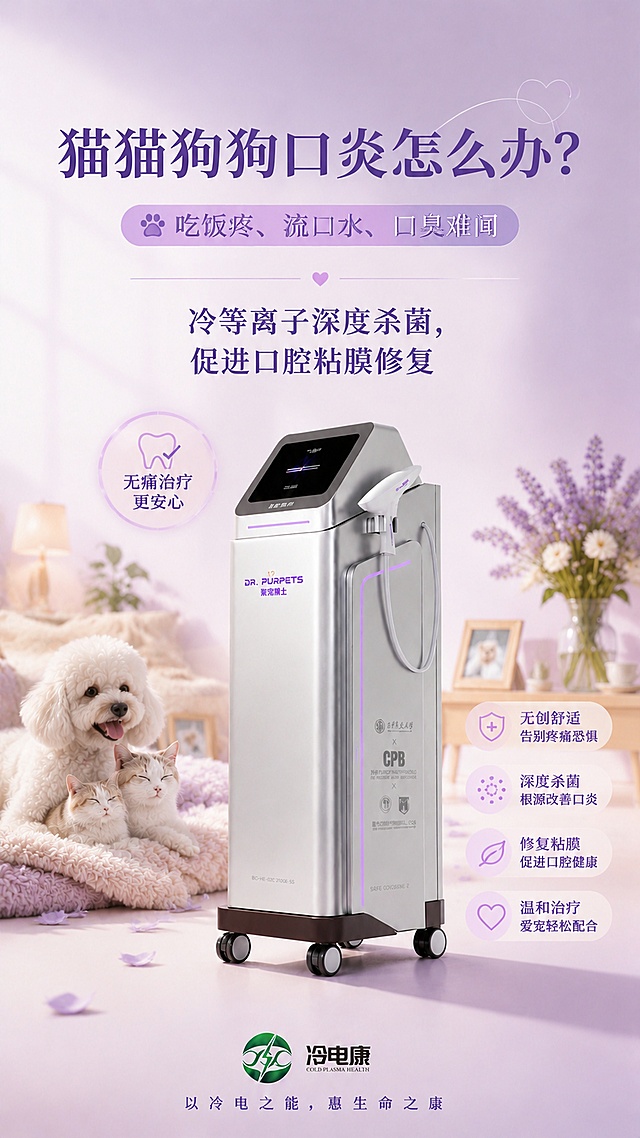 口腔炎主题海报，延续参考图浅紫暖调温馨医疗VI风格，柔和色调，减少恐惧感。主标题文字："猫猫狗狗口炎怎么办？"，副标题文字："吃饭疼、流口水、口臭难闻"，核心文案："冷等离子深度杀菌，促进口腔粘膜修复"。视觉方向为突出无痛治疗场景，保持温馨柔和。中心展示紫宠博士宠物医疗设备，100%还原设备外形、深棕色带滚轮底座、所有包装LOGO和印刷文字，不改变设备和品牌logo，保持原有结构和比例不变。保留底部冷电康品牌logo和标语"以冷电之能，惠生命之康"。保证所有文字清晰可读，整体风格温馨专业。
