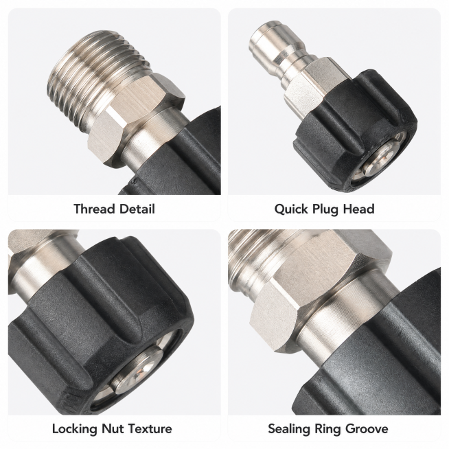 [第7屏] Key Detail Close-up for High Pressure Washer Fittings. 2x2 grid of four close-up details from预览效果