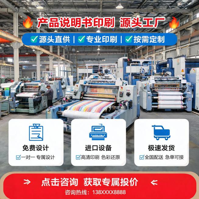 大字爆款风电商主图，产品说明书印刷源头工厂展示，展示印刷厂车间印刷设备，突出专业实力，整体风格商务大气醒目，抓工厂灯饰电子老板需求，补充第六张主图全套完整内容预览效果