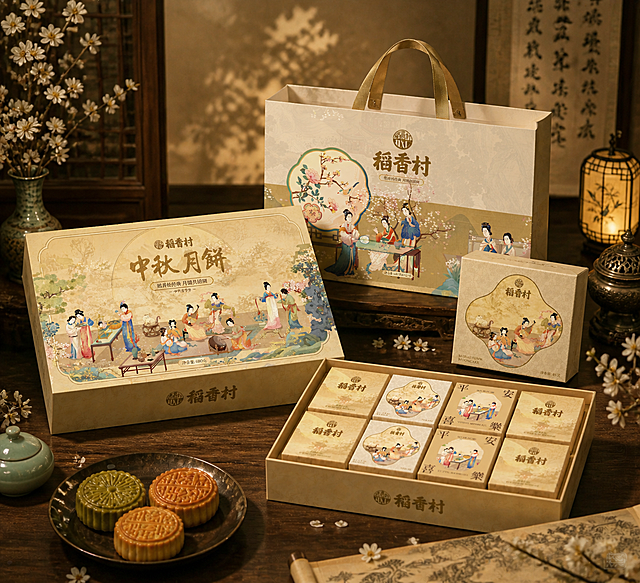 将这六张稻香村月饼包装图整合在一起，展示完整的月饼礼盒套装，包含外包装盒、手提袋和独立月饼包装盒，保留原有国风唐代仕女插画风格，整体呈现中式古典场景展示，色调统一和谐