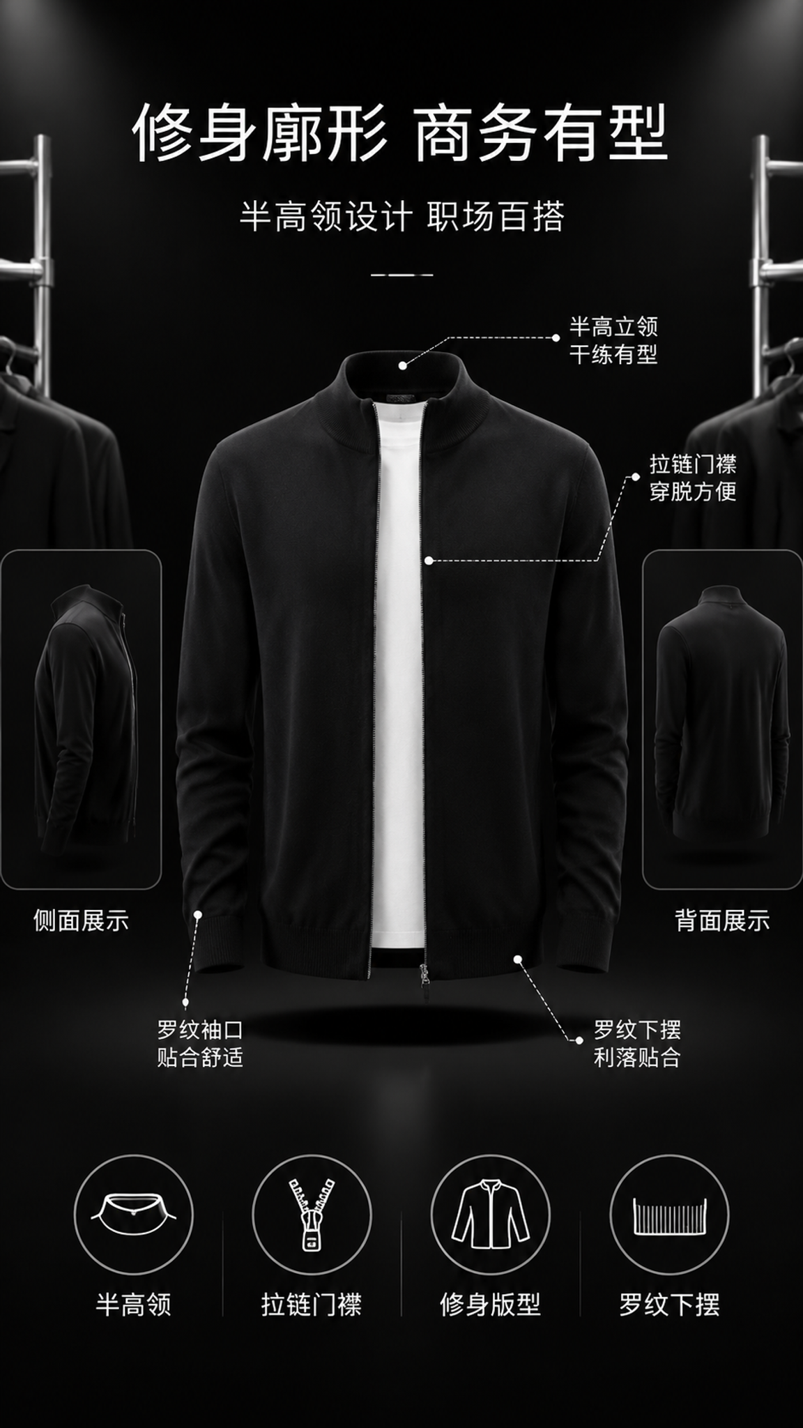 [第2张] 详情页版型解析-黑色半高领拉链针织开衫多角度廓形展… - 图片创意预览