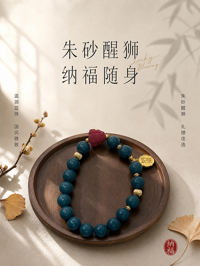 [单张主图] 朱砂纳福蓝珠手串，高级氛围感国风路线，小红书3:4主图，同时承担点击、理解、信任与转化。

[画面主体] 画面中央偏下位置平放一条完整手串，主体占比约50%，保持与输入图完全一致：深蓝色哑光圆珠、红色朱砂醒狮雕刻珠、金色隔珠与金色纳福小金牌，珠子圆润排列成自然椭圆，绳结与金牌位置准确，颜色、材质、结构、比例与原图一致，不得变形、增减珠子或改变金牌文字造型。

[构图版式] 采用「中轴诗意氛围型」版式：顶部居中留白放主标题与英文装饰，手串居中偏下，底部承托台面，左右两侧竖排轻量卖点短句，整体留白充足、节奏舒缓。

[场景元素] 背景为浅米白色宣纸肌理墙面，带极淡的水墨竹影虚化投影；手串放置在深胡桃木圆形小托盘中，托盘旁散落2-3片干枯银杏叶与一小枝素色腊梅；左上角有一缕柔雾逆光从窗棂斜射进来，在桌面形成细长光影；右下角放一枚极小的朱砂红色圆印章，印文为「纳福」二字。

[文案版式] 顶部居中主标题：「朱砂醒狮 纳福随身」，字体为细宋体，字重克制，分两行排列；主标题右侧叠一行小号英文手写体装饰：「Lucky Blessing」；手串左侧竖排两行短句：「温润蓝珠」「国风雅致」，右侧竖排两行短句：「朱砂醒狮」「礼赠佳选」，均为细黑体小字，字色深灰；底部右下角小圆印章为朱砂红色，内有白字「纳福」。所有文字清晰可读，不压手串主体。

[光影质感] 自然光从左上45度斜射，柔光箱质感，手串珠子表面有柔和高光与细腻反光，朱砂珠呈现哑光磨砂质感，金色隔珠与金牌有温润金属光泽，木托盘有自然木纹与浅投影，背景浅景深虚化，整体氛围安静雅致，东方美学质感。

[配色字体] 主色：米白、浅灰；辅色：深蓝（手串）、朱砂红（点缀）、胡桃木棕；强调色：朱砂红印章；字体：主标题细宋体，辅助文案细黑体，英文装饰手写体，字重层级分明，克制不张扬。

[比例分辨率] 比例3:4，2K分辨率，文字清晰可辨，手串细节锐利。

[负向提示词] 变形、错字、糊字、水印、平台Logo、二维码、杂乱背景、廉价塑料感、手串结构错误、金牌文字模糊、珠子颜色偏差、悬浮感、过度锐化、人物面部、夸张促销元素。