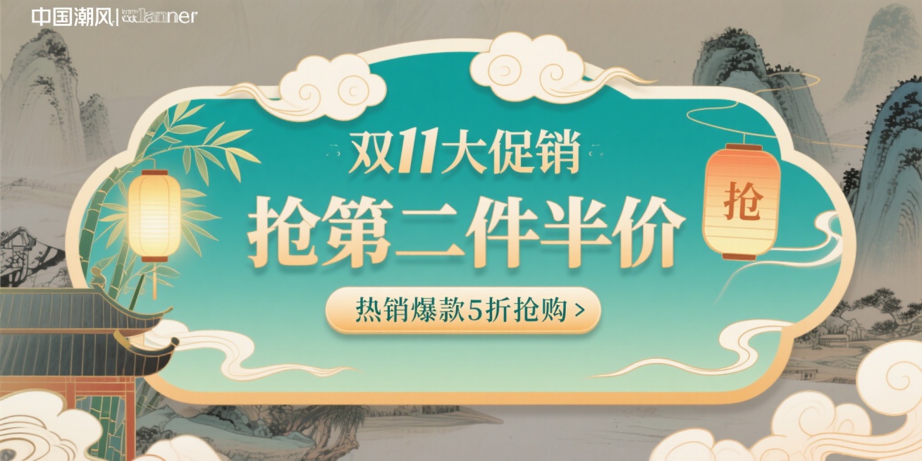 异形卡片，青绿色为主调的国潮风双11促销banner，顶部有云纹气泡字“双11大促销”，中间突出“抢第二件半价”核心优惠文字，底部搭配“热销爆款5折抢购”文案，左侧装饰竹叶与发光古风灯笼，背景是山水意预览效果