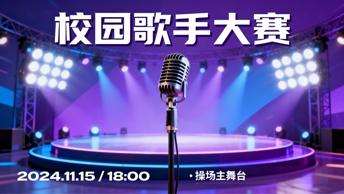 校园歌手大赛宣传海报，背景是一个麦克风舞台，舞台灯光璀璨，紫色蓝色渐变色调，底部预留文字区域，整体风格年轻活力动感，适合宣传音乐比赛预览效果