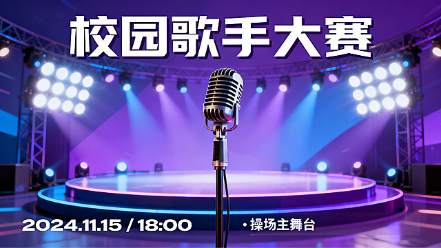 校园歌手大赛宣传海报，背景是一个麦克风舞台，舞台灯光璀璨，紫色蓝色渐变色调，底部预留文字区域，整体风格年轻活力动感，适合宣传音乐比赛