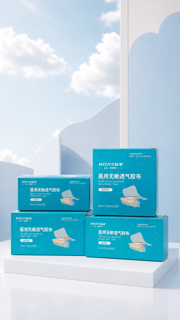 医用无敏透气胶布产品包装盒，严格参照上传产品图（图2），完整保留所有可见组件、部件、轮廓形状、结构、比例、材质质感、颜色与产品文字信息（logo/型号/规格/参数等），与上传图完全一致。参考图（图1）预览效果