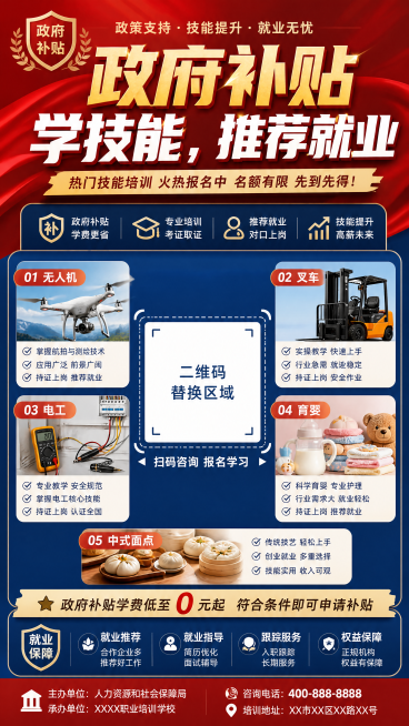 公众号爆款宣传海报，主标题："政府补贴学技能，推荐就业"，列出热门技能：无人机、叉车、电工、育婴、中式面点，二维码放置在海报中间位置，设计醒目大气，适合宣传推广，清晰易读预览效果