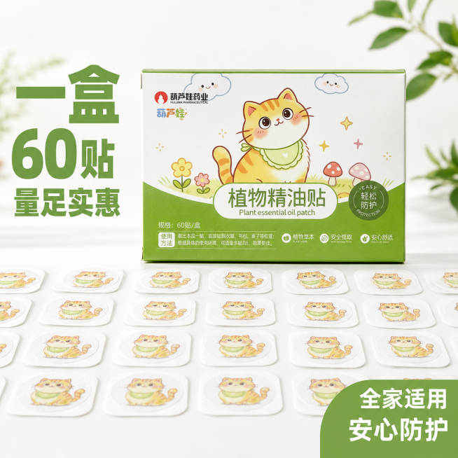 [主图-5] 植物精油贴规格权益收尾转化。
[氛围风格] 简洁直观，突出性价比，促进转化；
[画质] 商业摄影质感，光线柔和通透，产品清晰真实，画面干净高级。
[元素] 葫芦娃植物精油贴产品盒放置在画预览效果