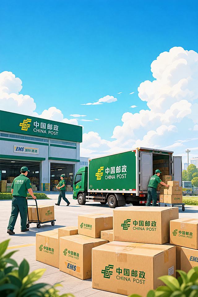参考图的插画风格，前景是带有中国邮政logo的包裹，中景有邮政快递货车、邮政仓库，还有几位快递小哥忙碌工作的身影，背景是蓝天白云，整体画面和谐美观