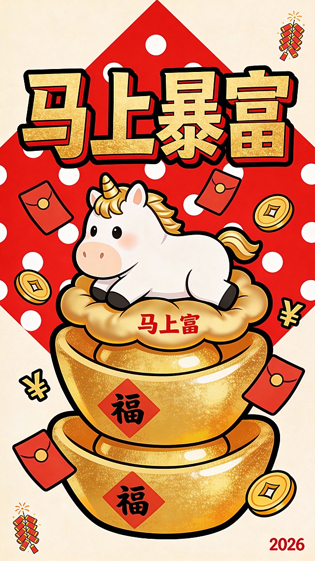 插画风卡通独角兽坐于金元宝之上，鎏金大字“马上暴富”搭配红白波点背景，融合描边与金属质感，喜庆可爱，寓意2026新春好运暴富。