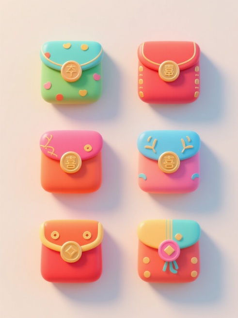 6个不同配色、不同样式、不同材质的红包造型，采用上下两行对齐排列，保持卡通风格的3D立体感，鲜艳明亮的色彩搭配，柔和的光影效果，高光与阴影细节丰富，平滑的数字艺术质感，浅色背景衬托，每个红包具有独特的装饰元素和材质表现，整体构图平衡对称，视觉层级清晰，营造出喜庆欢快的氛围。预览效果