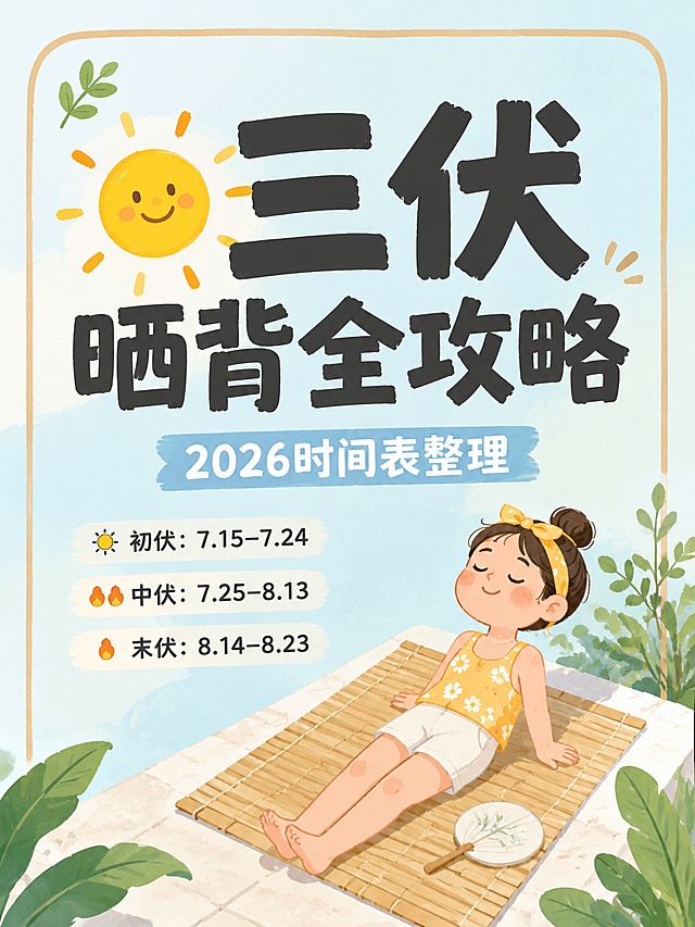 小红书笔记大字封面，插图大字，ins清新手绘风格，版式精美，小红书笔记封面质感，适合信息流点击。主标题必须完整呈现且为画面视觉中心，逐字锁定：「三伏晒背全攻略」。主标题字号占画面约55%视觉权重，清晰可读，不得增删改字。副标题：「2026时间表整理」。背景：浅蓝暖色系渐变手绘底。标题排版：扁平手绘粗黑体，采用插图大字L01策略，极简养生相关小插画点缀角落，整体转换为手绘图风格。装饰：1个太阳emoji贴纸放在主标题左侧，另加手绘浅棕色圆角线框，位置与数量克制、不抢主标题。整体氛围：夏日养生干货分享，清爽治愈，干净手绘质感。画质：高清细腻，信息层级清晰，主标题与背景强对比，文字完整处于安全区内不可裁切，四周留安全边距。图生图：严格使用用户上传图片，【图1】= 内容参考，生成手绘图风格小红书封面。画面比例 3:4，4K。