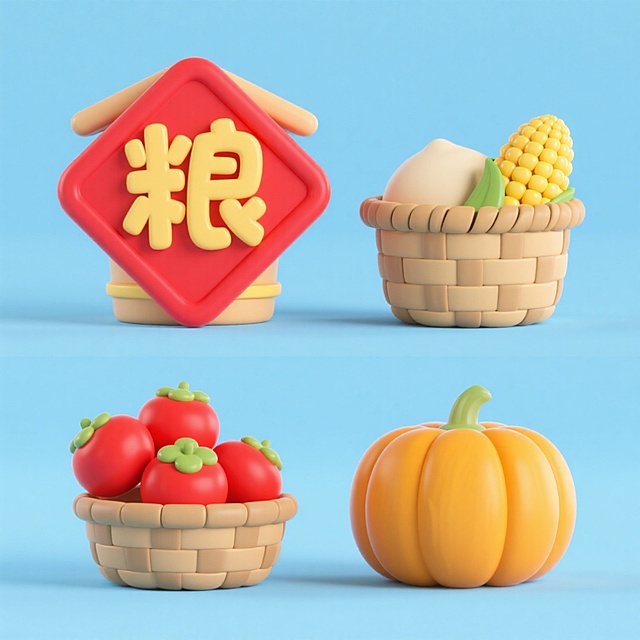 4个中秋素材组合，可爱电商促销感。素材包括：第一个粮仓（贴着带有 “粮” 字的红色菱形福字）；第二个一筐玉米；第三个一筐柿子；第四个南瓜。画面整体呈现鲜艳效果，淡蓝色背景。上下两行，排列整齐