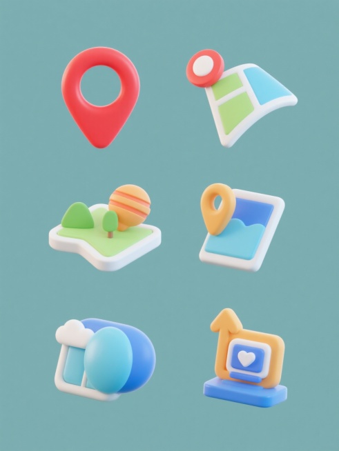 6个旅游相关3D图标，包含红色定位标记图标，其余为简约现代风格旅游元素，纯色背景，无文字无logo无水印，规整网格排布，统一3D立体效果，平滑曲面，鲜明色彩，简约造型，清晰轮廓，无阴影或轻微内阴影，视觉平衡预览效果