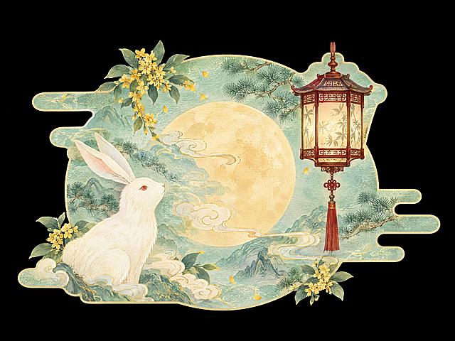 参考图1中式古风直播间的风格与色调，重新设计图3的异形底板：1. 严格保留图3原有的玉兔望月+灯笼+桂花的异形外轮廓形状，不改变整体造型轮廓；2. 整体色调改为图1的淡青绿色与暖金黄色中秋国风配色，底板底色为淡青绿色渐变，带有细腻宣纸纹理质感；3. 月亮改为温润的淡金暖黄色，玉兔为米白色，灯笼改为中式古风宫灯样式（红棕色木框+米黄灯罩），桂花为金黄色；4. 融入祥云、松枝等图1中的中式元素细节，风格素雅清新，国风工笔画质感；5. 横构图4:3比例，画面背景为纯黑色，底板居中放置；6. 不包含任何文字
