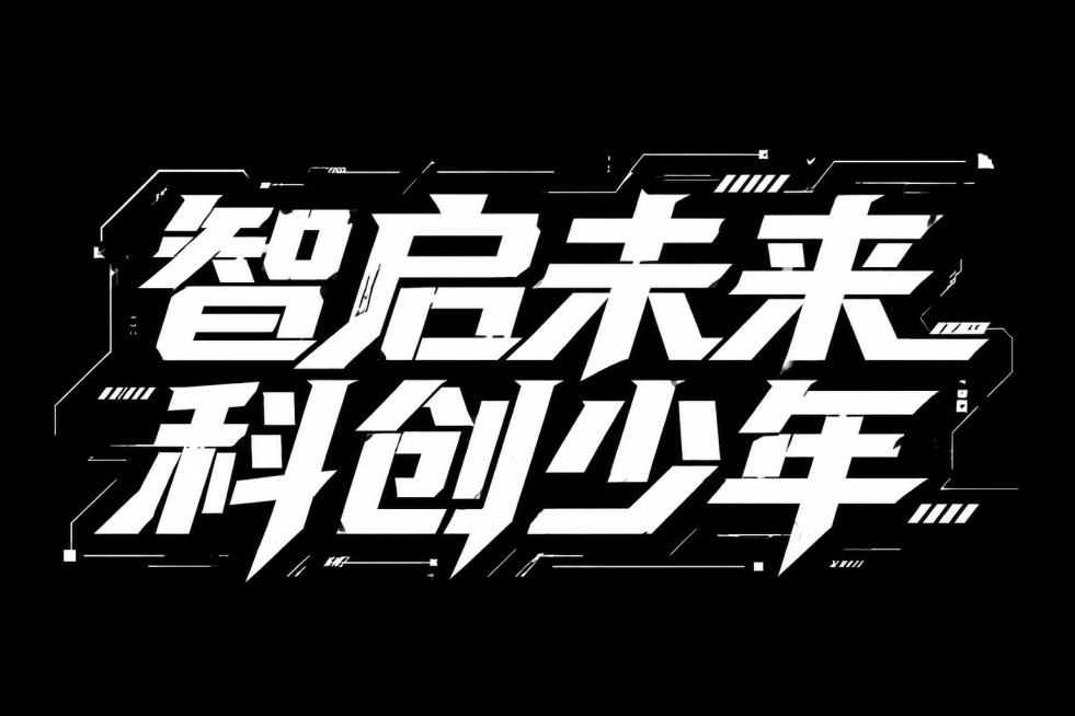 参考原图机械朋克赛博风格，设计字体“智启未来，科创少年”，黑色背景，白色字体，硬朗科技风几何切割字体，添加潮流几何装饰线条预览效果