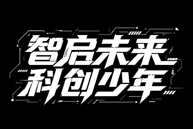 参考原图机械朋克赛博风格，设计字体“智启未来，科创少年”，黑色背景，白色字体，硬朗科技风几何切割字体，添加潮流几何装饰线条