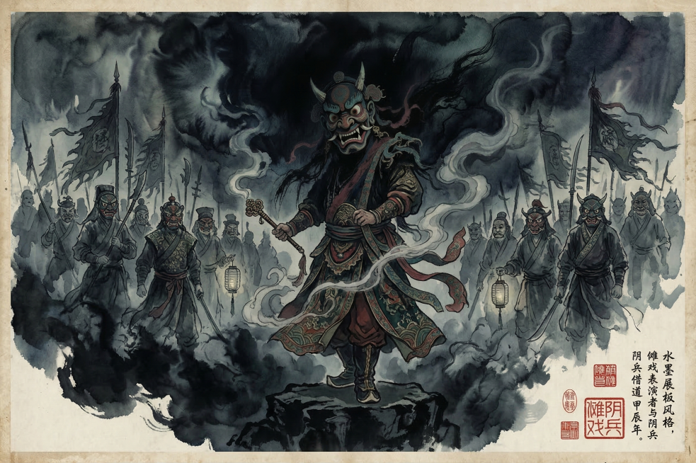 水墨展板风格，背景为大气泼墨效果，画面中间是佩戴傩戏面具的傩戏表演者，画面两侧是阴兵借道的队伍，整体为传统水墨国风，色调暗沉厚重，充满传统文化氛围感预览效果
