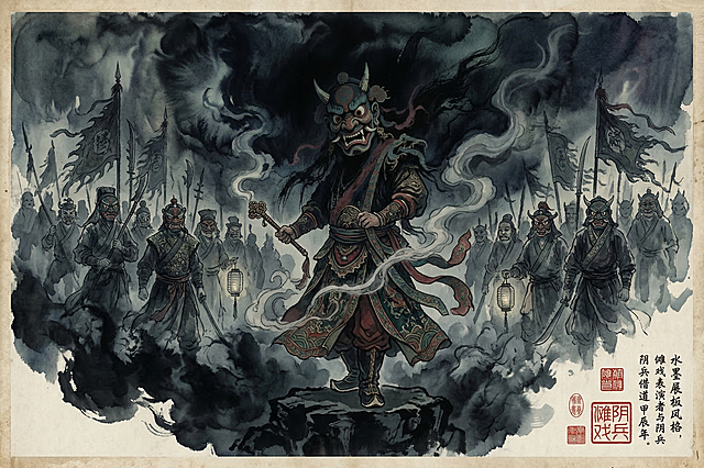 水墨展板风格，背景为大气泼墨效果，画面中间是佩戴傩戏面具的傩戏表演者，画面两侧是阴兵借道的队伍，整体为传统水墨国风，色调暗沉厚重，充满传统文化氛围感
