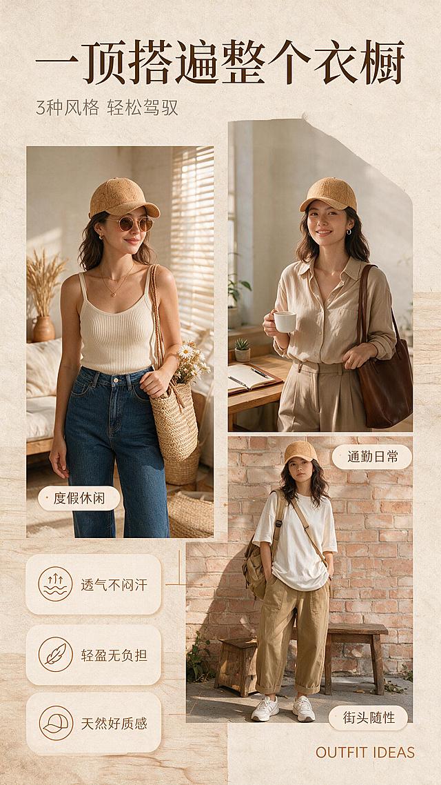 [商品] 使用【图1】【图3】暖调软木色鸭舌帽；商品处理：保留软木纹理、帽型、弯檐和暖木色；将帽子搭配在不同穿搭造型中，保持帽子原貌不变。
[画面] 目标：搭配灵感页，展示百搭属性。构图：3套穿搭造型横向排列或上下错落布局，分别为：休闲度假风（配吊带+牛仔裤）、日常通勤风（配衬衫+西装裤）、街头休闲风（配T恤+工装裤）；每套造型都佩戴同款软木鸭舌帽；背景为暖米色带场景元素拼贴感，整体像穿搭杂志内页。
[视觉] 套系策略：风格=暖调自然复古高级商业摄影；标题字=现代宋体粗体带设计感；正文字=简洁无衬线体；主色=暖木棕+米杏色；背景延展=基于暖木棕和米杏色做深浅层级、同色渐变和细腻木纹/纸张质感；强调色=焦糖棕，仅用于小面积图标、引线和标签；标题色=深棕褐色；正文色=中暖灰；组件=圆角浅底信息卡、细线引线、圆形图标；光影=暖调自然光，每套造型光线统一。
[文字] 顶部主标题"一顶搭遍整个衣橱"（宋体粗体，深棕褐色），副标题"3种风格 轻松驾驭"；每套造型下方标注风格名称：度假休闲、通勤日常、街头随性。右下角英文"OUTFIT IDEAS"。文字均横排。
[规格] 图片比例9:16竖版，分辨率2K，避免变形、错字、文字过小、帽子颜色不一致、穿搭违和。