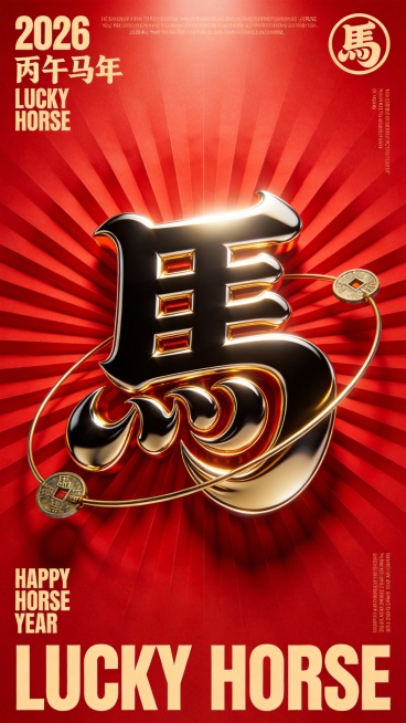 核心汉字：画面中央为一个巨大的3D金属质感“馬”字，髭文字，笔画极粗非常厚实饱满,笔画大体走势是黑体字（横平竖直),笔画非常粗,粗笔画之间相互堆叠交织缠绕,相互融合的形成紧密的夸张块面感,在抽象化处理预览效果