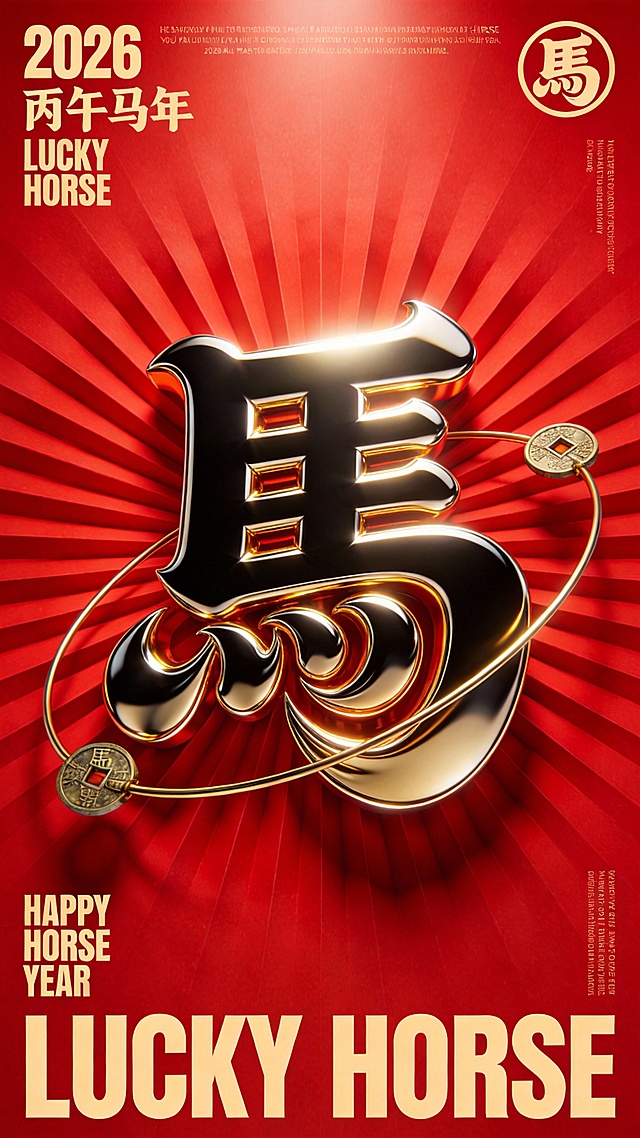 核心汉字：画面中央为一个巨大的3D金属质感“馬”字，髭文字，笔画极粗非常厚实饱满,笔画大体走势是黑体字（横平竖直),笔画非常粗,粗笔画之间相互堆叠交织缠绕,相互融合的形成紧密的夸张块面感,在抽象化处理下,整体看上去更像是一个复杂的符号图案,厚重流畅的曲线,所有笔画都采用极为宽阔的粗体块状,流动感强,笔画转折处圆润,线条呈现出 卷曲,波浪状,带有刀锋般的锐利收尾,整体风格类似涂鸦风格,字体有肌理感，