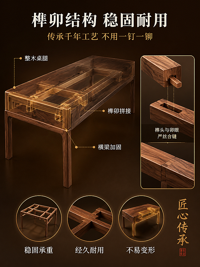 [第4屏] 结构框架解析-榫卯结构与实木框架深度拆解。本屏使用【图1】作为产品结构参考。
[氛围/风格] 专业工艺解析，结构透明化，品质信任感，商业摄影质感。
[元素布局] 画面主体为茶桌半透明透视效果，展示内部实木框架与榫卯连接结构，通过悬浮引线标注关键部位。左侧茶桌整体45°视角，右侧放大展示榫卯拼接细节，榫头与卯眼严丝合缝。背景深棕色渐变底，突出结构线条。画面下方三枚圆形图标分别展示：桌腿框架、横梁连接、整体承重结构。**保持茶桌外观轮廓、材质颜色与输入产品图一致，内部结构为合理实木框架示意**。
[光影质感] 侧上方主光打亮产品轮廓，内部结构用暖金色线条勾勒，明暗对比强烈，突出结构层次感与精密感。
[配色色系] 全局底色深棕渐变#3E2A1A至#5C3D24；主色红斑马木棕#6B4423；辅助色暖金#D4A853（结构线条）、米白#F5F0E6（文字）；点缀浅木色。
[视角构图] 左右构图，左六右四，左侧整体透视，右侧局部放大，阅读动线从整体到局部。
[文字版式] 顶部居中主标题「榫卯结构 稳固耐用」，米白色粗体大字，下方副标题「传承千年工艺 不用一钉一铆」，浅金色小字。画面中悬浮引线标注三处：「整木桌腿」「榫卯拼接」「横梁加固」，引线末端圆点暖金色，文字米白色。底部三枚圆形图标下各配文字：「稳固承重」「经久耐用」「不易变形」，米白色文字。右下角竖排装饰文字「匠心传承」，浅金色细体。
[比例分辨率] 3:4竖版比例，4K分辨率，文字清晰可辨，高清画质。
[负向提示词] 变形，水印，文字错乱，文字过小，结构错误，产品图模糊，背景杂乱。